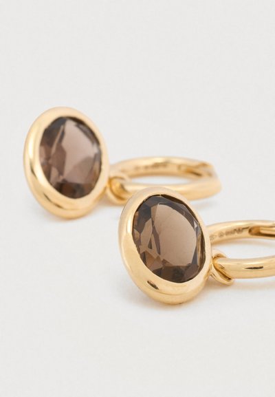 Zlatne naušnice u obliku obruča s ovalnim, fasetiranim smeđim kamenjem postavljenim u glatke, zaobljene okvire; polirani završetak sa suptilnim sjajem.