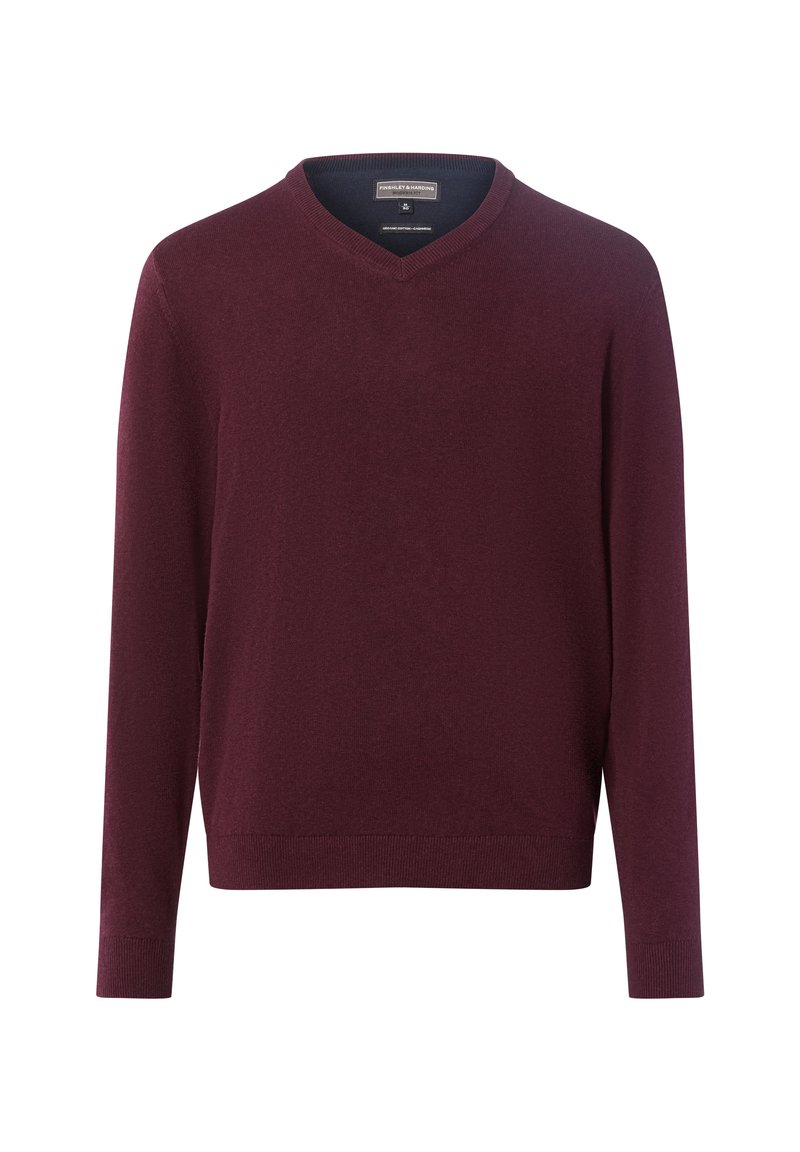 V-hals pullover in donker bordeaux, met lange mouwen, ribgebreide manchetten en zoom, gemaakt van een zachte tricotstof met een fijne textuur.