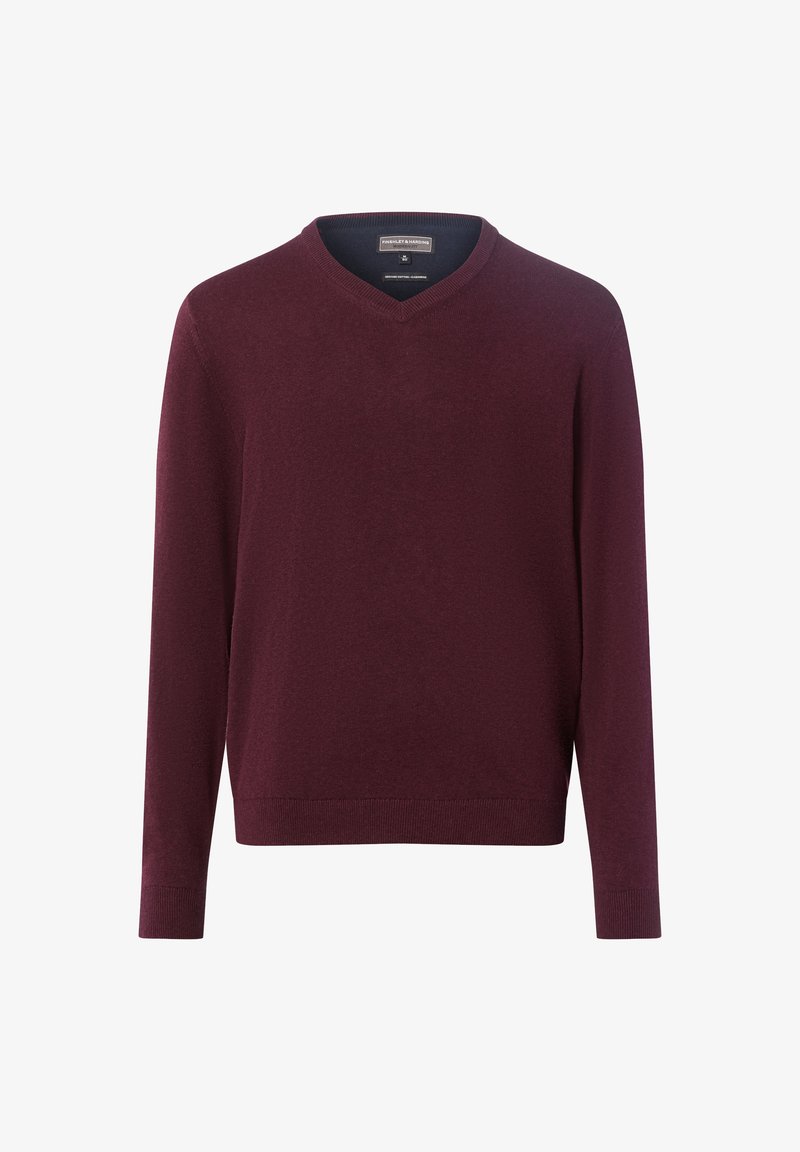 V-hals pullover in donker bordeaux, met lange mouwen, ribgebreide manchetten en zoom, gemaakt van een zachte tricotstof met een fijne textuur.