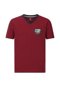 Red cotton t-shirt with a navy blue V-neck, featuring a graphic design in green and white with the year 1984, printed on the front.