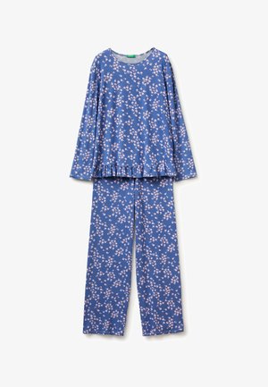 Blaues langärmeliges Oberteil und Hosen mit weitem Bein, kleinem rosa Blumenmuster und Rüschensaum am Saum des Oberteils.