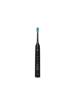 Schwarze elektrische Zahnbürste mit blau-weißem Bürstenkopf, zwei Bedientasten und Reinigungsmodi-Beschriftungen, stehend auf weißem Hintergrund.