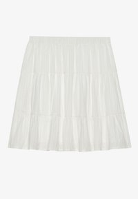 Weißer, gestuftes Kleid mit strukturierter Oberfläche. Verfügt über einen elastischen Taillenbund und geschichtete Rüschen, die eine fließende Silhouette erzeugen.