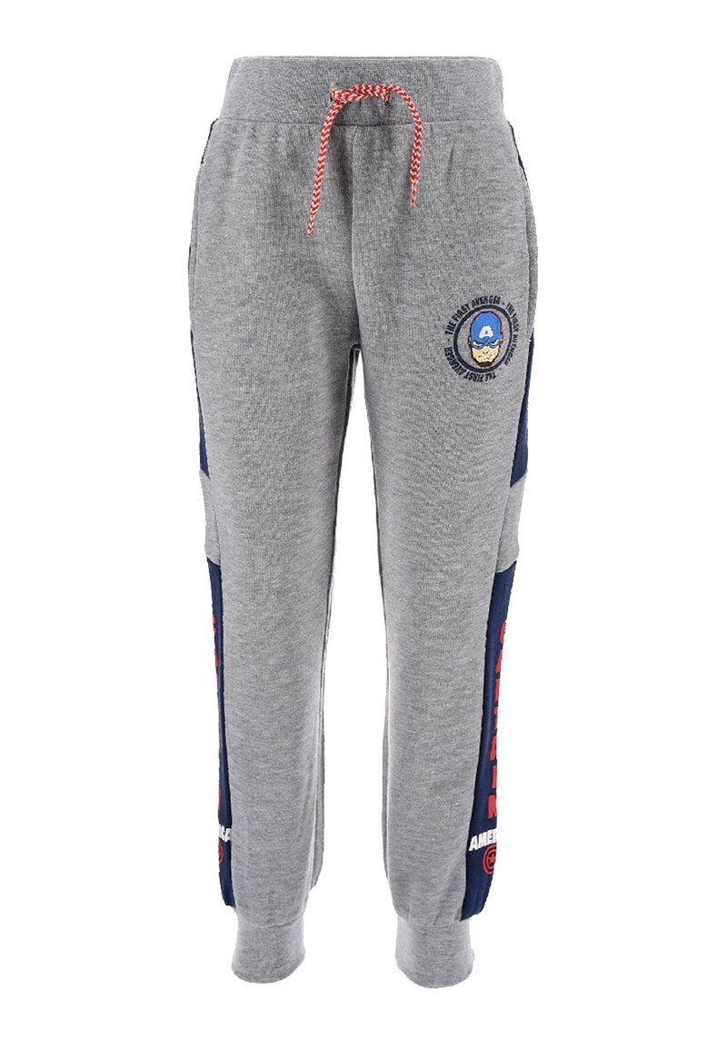 Pantalones de chándal grises con un panel lateral azul marino, cintura elástica con cordón rojo y una etiqueta de logo con un diseño azul y blanco.