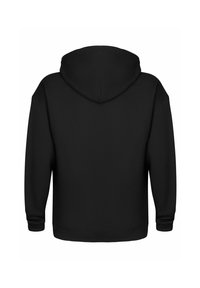 Sudadera negra con capucha redondeada, mangas largas y un diseño liso. El material parece suave, con una textura suave y sin gráficos visibles.