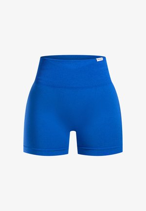 Shorts en tissu bleu avec une taille haute élastique. Texture lisse et design ajusté, sans motifs ni détails matériels supplémentaires.