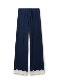 Marineblauwe wijde broek van zachte stof met een gegolfde witte kantafwerking aan de zoom, voorzien van een elastische tailleband voor extra comfort.