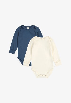 Zwei Baby-Body mit langen Ärmeln, einer in Marineblau und einer in Creme, mit überlappenden Schultern und Druckknöpfen im Schritt.