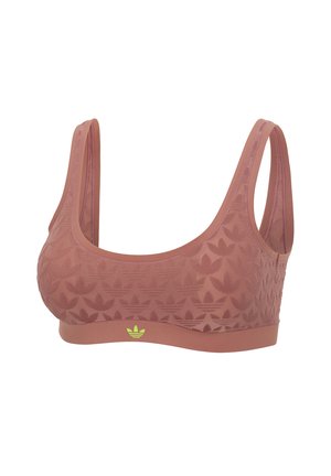 Mauvefarbener Sport-BH mit breiten Trägern und geprägtem Adidas-Trefoil-Muster, mit einem kleinen neon-grünen Adidas-Logo auf dem vorderen Bund.