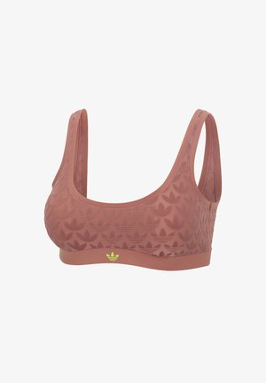 Mauvefarbener Sport-BH mit breiten Trägern und geprägtem Adidas-Trefoil-Muster, mit einem kleinen neon-grünen Adidas-Logo auf dem vorderen Bund.
