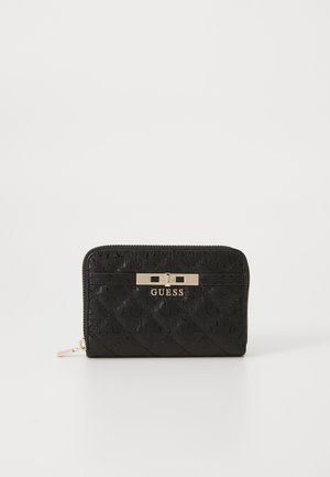Black zip wallet made of textured material, featuring a quilted pattern and a gold-tone hardware closure with "GUESS" logo.