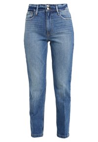 Ljust blå denimjeans med hög midja, rak passform, subtila förskjutningar och klassisk femficksdesign med knappstängning.