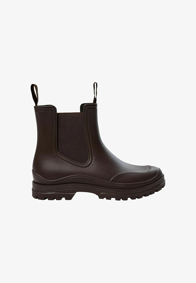 Botte de pluie cheville marron foncé avec languettes de traction, panneaux latéraux élastiques et semelle épaisse texturée pour une bonne adhérence.