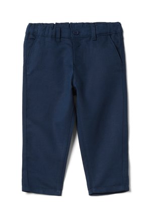 Pantalones azul marino para niños pequeños con cierre de botón y cremallera, bolsillos laterales y trabillas para cinturón, hechos de tela suave.