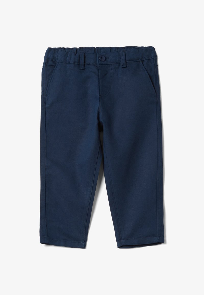Pantalon bleu marine pour tout-petit avec fermeture à bouton et fermeture éclair, poches latérales et passants pour ceinture, fabriqué en tissu doux.