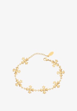 Brățară din aur cu linkuri alternante în formă de floare, cu o textură netedă, prinsă cu un sistem de închidere și cu un întregitor de lanț ajustabil.