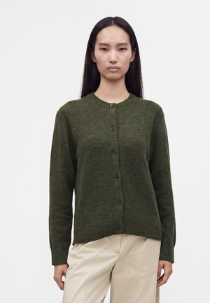Femme aux longs cheveux noirs portant un cardigan vert olive boutonné et un pantalon beige, debout devant un fond clair uni.