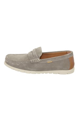 Gray suede slip-on loafer with white stitching, tan leather heel detail, and white rubber sole, viewed from the side.