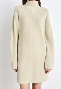 Robe en tricot à col roulé de couleur beige clair, avec une texture côtelée, des manches longues et une coupe oversize, se terminant au-dessus du milieu de la cuisse.