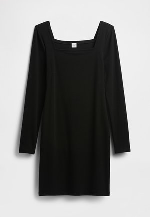 Black long-sleeve dress with a square neckline, made from a smooth, stretchy fabric. Simple, form-fitting design with no additional patterns or accents.