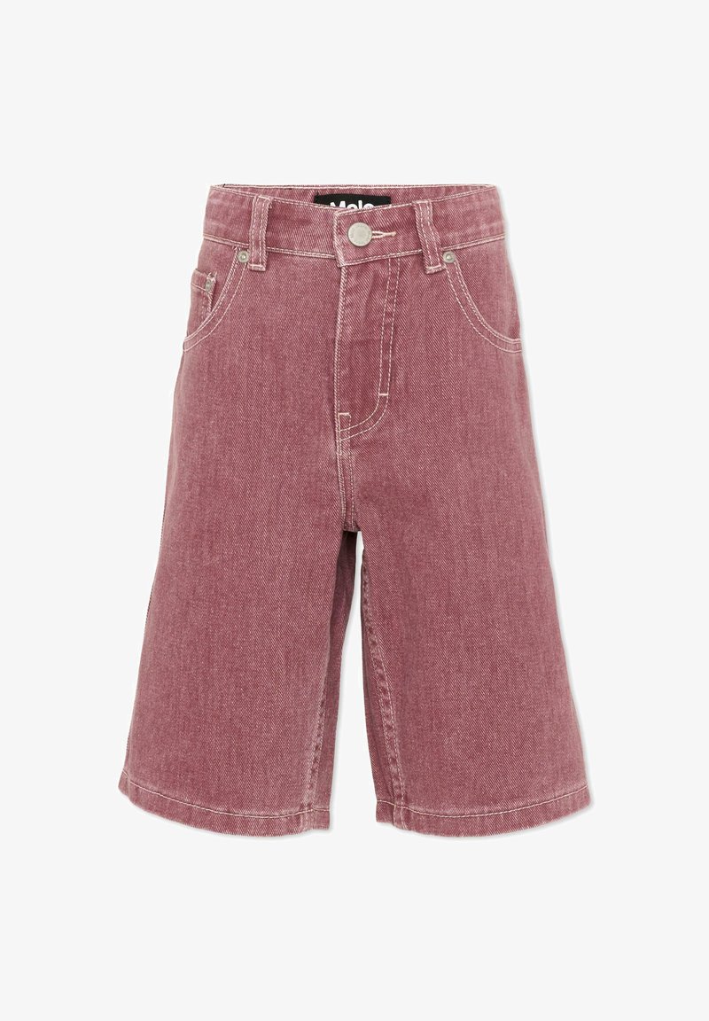 Short en jean taille haute rose délavé avec passants de ceinture, bouton à l'avant, braguette zippée, poches avant et arrière.