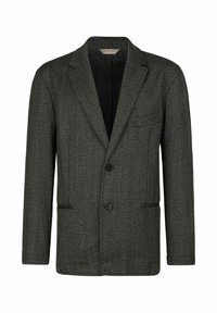Dunkelgrauer Hahnentritt-Blazer aus strukturiertem Stoff, mit Reverskragen, zwei Knopfverschluss und vorderen Taschen.