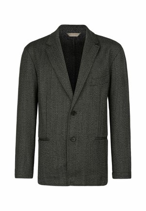 Ciemnoszary blazer w jodełkę wykonany z teksturowanej tkaniny, z klapami w kształcie notched, zapięciem na dwa guziki i przednimi kieszeniami.