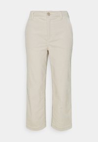 Béžové sametové kalhoty s rovnými nohavicemi, s předním zapínáním na knoflík a dvěma předními kapsami. Jemná struktura ribb typu po celé ploše.