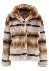 Kurtka z futerka ekologicznego z kapturem, w paski beżowe, brązowe i granatowe. Miękka w dotyku, z krótkim krojem i zapięciem z przodu.