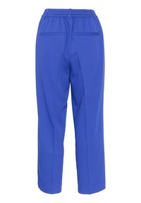 Blaue, hoch taillierte Hose mit elastischem Bund, ausgestattet mit zwei Gesäßtaschen und einem geraden Schnitt. Glatte Textur ohne sichtbare Muster.