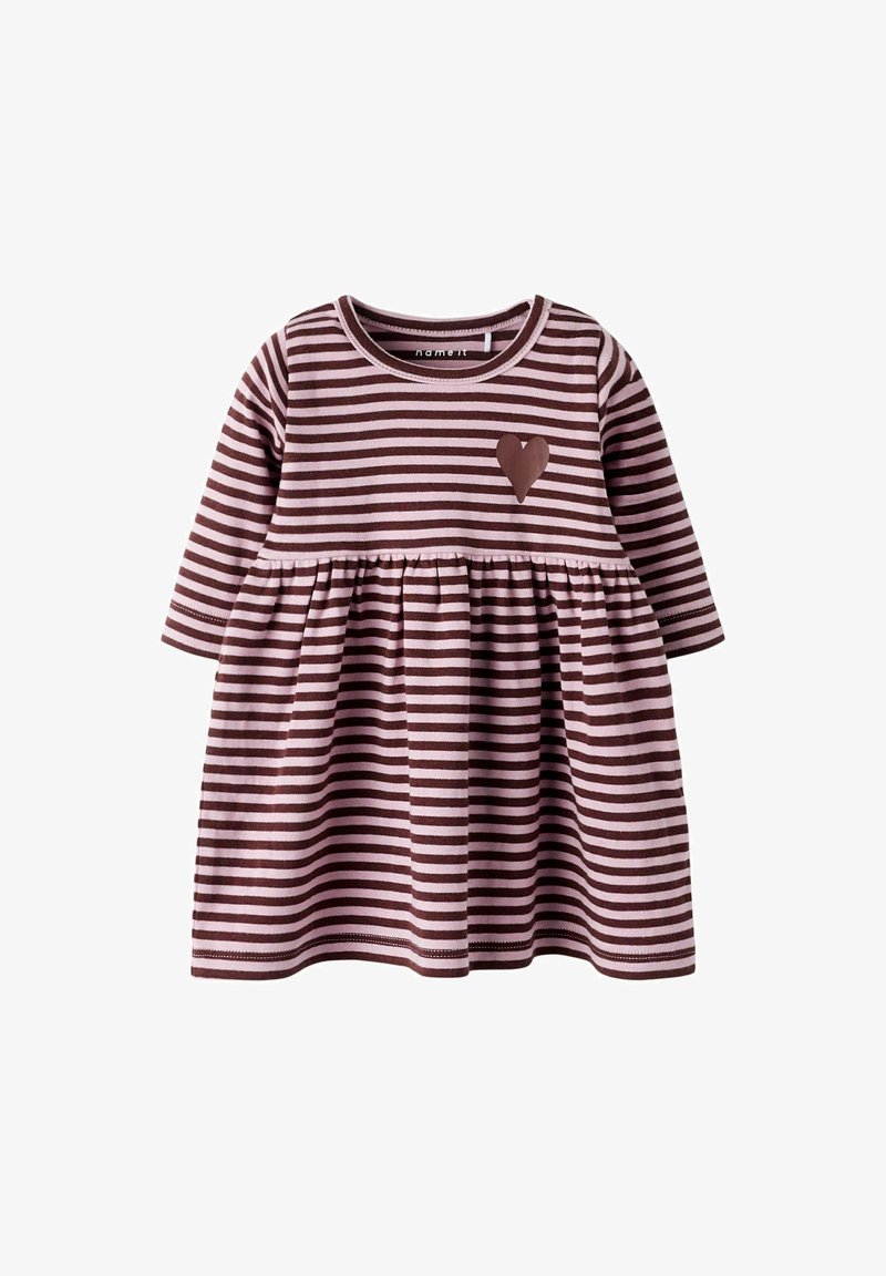 Toddler dress with pink and brown horizontal stripes, long sleeves, gathered waist, and a small brown heart on the chest.