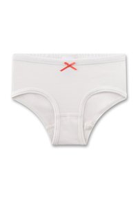 Weißer Baumwoll-Slip mit weicher Textur, ausgestattet mit elastischem Bund und kleiner oranger Schleife vorne. Klassisches Design.