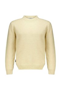 Crème-kleurige gebreide trui met een hoge ronde hals, geribbelde manchetten en zoom, en een zachte textuur. Heeft een eenvoudig, klassiek ontwerp.