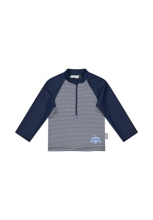 Navy and white striped long-sleeve kids' swim shirt with navy sleeves, front zipper, and small shark graphic near hem.