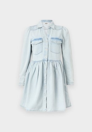 Light blue denim long-sleeve dress with button-down front, two chest flap pockets, gathered waist, and collar.