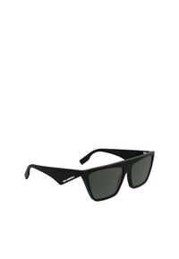 Czarne okulary przeciwsłoneczne z geometrycznym wzorem oprawki, przyciemniane soczewki i matowe wykończenie. Posiadają logo na zausznikach.