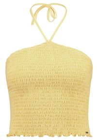 Žlutý halter top z nařasené látky s vázáním na krku a volánkovým lemováním, navržený pro přiléhavé a elastické nošení.