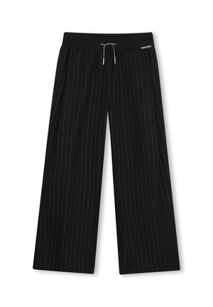 Pantalon noir à jambes larges avec fines rayures verticales blanches et taille à cordon, posé à plat sur un fond blanc.