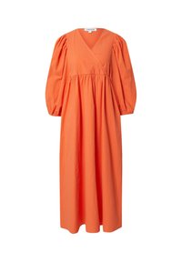 Robe longue en coton orange avec un décolleté en V, des manches bouffantes, une taille froncée et une jupe fluide. Texture lisse sans motifs visibles.