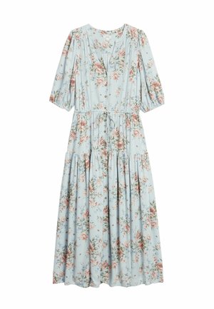 Hellblaues Midikleid mit rosa-weißem Blumenmuster, Knöpfen vorne, V-Ausschnitt, dreiviertel Puffärmeln und einem Taillengürtel.