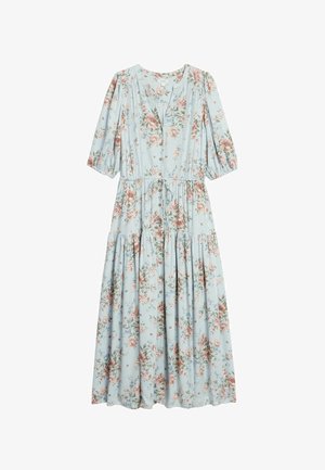 Lichtblauwe midi-jurk met roze en witte bloemenprint, knopen aan de voorkant, V-hals, driekwartpofmouwen en een tailleceintuur.