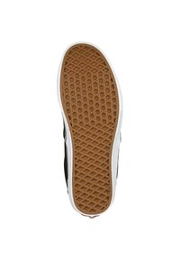 Suola di sneaker in gomma con un motivo a diamante testurizzato di colore marrone, bordata di gomma bianca. I lati laterali sono neri, offrendo un contrasto.