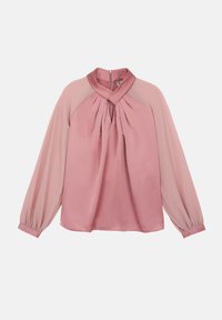 Blouse rose à manches longues, avec une finition satinée, un design plissé et un décolleté en goutte. Les manches se resserrent avec des poignets élastiques.