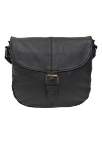 Schwarze Leder-Umhängetasche mit Klappenverschluss, versehen mit einem metallenen Schnallenakzent, strukturiertem Oberflächenmaterial und verstellbarem Tragegurt.