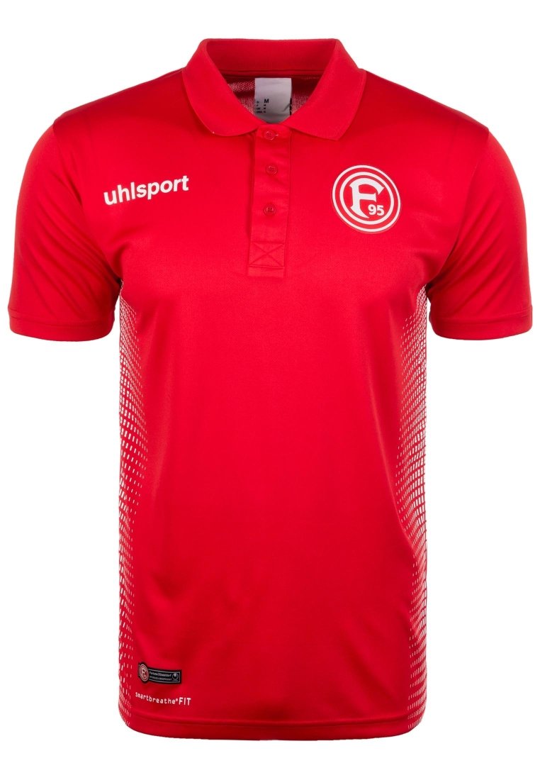 Camisa polo roja con cuello, mangas cortas y una abotonadura. Presenta un logo en el lado izquierdo del pecho y un patrón texturizado en los laterales.