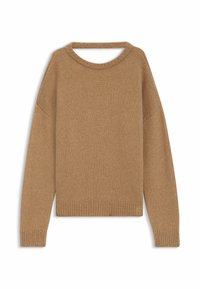 Strickpullover in warmem Beige, mit Rundhalsausschnitt, überschnittenen Schultern und gerippten Bündchen und Saum. Weiche Textur mit einem lässigen Design.