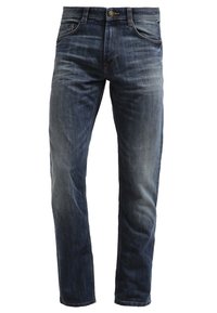 Jean droit bleu marine pour homme avec poches avant et arrière, passants de ceinture et détails délavés.