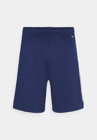 Navy blue athletic shorts with an elastic waistband, smooth fabric, a knee-length cut, and white side stripes for a contrasting detail.