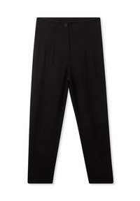 Pantaloni neri in tessuto liscio, con design a gamba dritta, pieghe frontali e chiusura con bottone in vita.