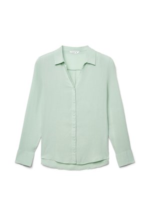 Blusa verde chiaro in tessuto leggero, con scollo con colletto, chiusura frontale con bottoni e maniche lunghe leggermente curve all'orlo.